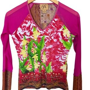 VTG Womens Small Y2K 90s Patchwork Floral Beaded Mesh Long Sleeve Top Pink Multi